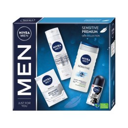 Men Sensitive Premium zestaw żel pod prysznic 250ml + antyperspirant roll-on 50ml + balsam po goleniu 100ml + pianka do golenia  Nivea