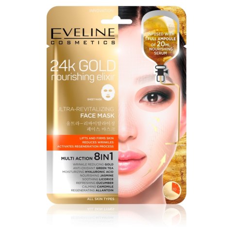 Eveline Cosmetics 24k Gold Nourishing Elixir intensywnie rewitalizująca maska ze złotem na tkaninie 20ml Eveline Cosmetics 24k Gold Nourishing Elixir intensywnie rewitalizująca maska ze złotem na tkaninie 20ml