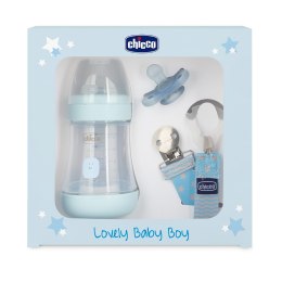 Lovely Baby Boy zestaw butelka antykolkowa Perfect 5 150ml + smoczek Physioforma Mini Soft + tasiemka do smoczka Chicco