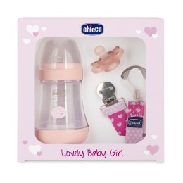Lovely Baby Girl zestaw butelka antykolkowa Perfect 5 150ml + smoczek Physioforma Mini Soft + tasiemka do smoczka Chicco