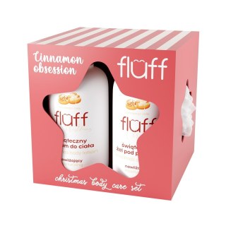 Cinnamon Obssesion zestaw żel do prysznic 200ml + balsam do ciała 200ml + myjka do ciała Fluff