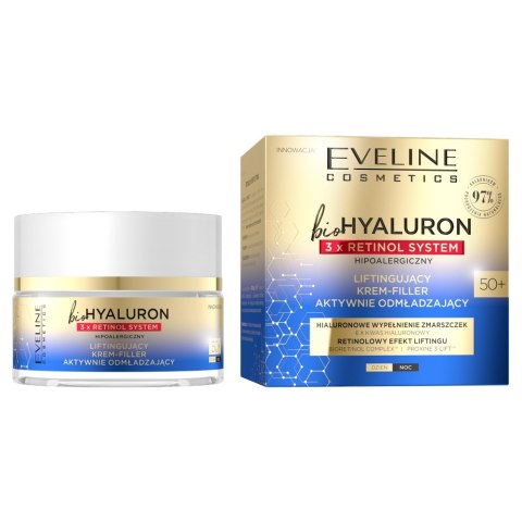 Eveline Cosmetics BioHyaluron 3 x Retinol liftingujący krem-filler aktywnie odmładzający 50+ 50ml Eveline Cosmetics BioHyaluron 3 x Retinol liftingujący krem-filler aktywnie odmładzający 50+ 50ml