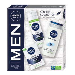 Men Sensitive Collection zestaw łagodząca pianka do golenia 200ml + łagodzący balsam po goleniu 100ml + żel pod prysznic 3w1 250 Nivea