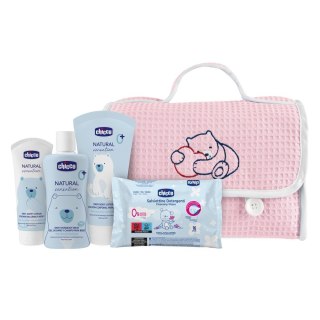 Chicco Natural Sensation Pink zestaw płyn do mycia ciała i włosów 200ml + balsam do ciała 150ml + krem do pieluszki 4w1 100ml + chustec