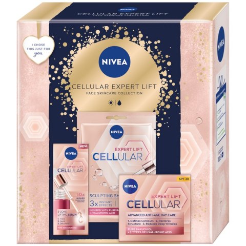 Nivea Cellular Expert Lift zestaw serum do twarzy 30ml + krem anti-age na dzień SPF30 50ml + chłodząco-modelująca maska w płachcie 1sz