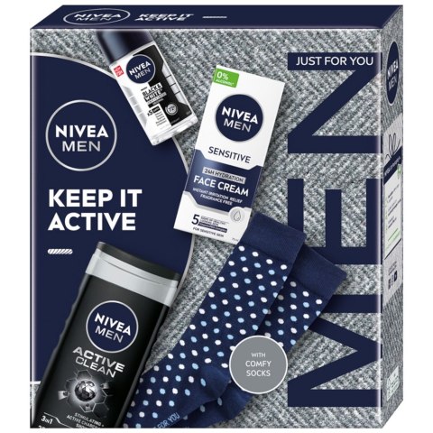 Nivea Men Keep It Active zestaw żel pod prysznic 3w1 250ml + antyperspirant roll-on 50ml + łagodzący krem nawilżający do twarzy 75ml +