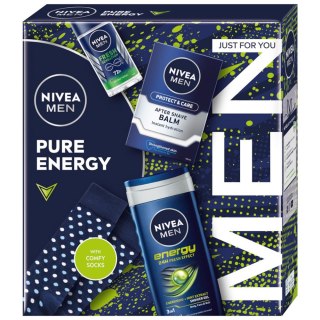 Nivea Men Pure Energy zestaw antyperspirant roll-on 50ml + żel pod prysznic 3w1 250ml + nawilżający balsam po goleniu 100ml + skarpetk