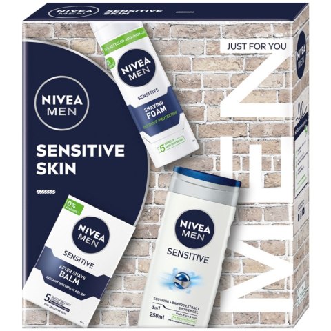 Nivea Men Sensitive Skin zestaw żel pod prysznic 3w1 250ml + łagodzący balsam po goleniu 100ml + łagodząca pianka do golenia 200ml Nivea Men Sensitive Skin zestaw żel pod prysznic 3w1 250ml + łagodzący balsam po goleniu 100ml + łagodząca pianka do golenia 200ml