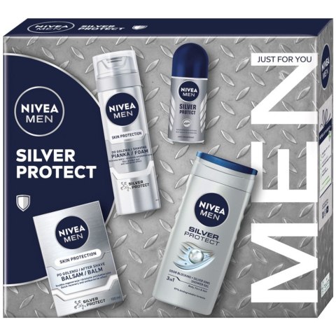 Nivea Men Silver Protect Collection zestaw pianka do golenia 200ml + balsam po goleniu 100ml + antyperspirant roll-on 50ml + żel pod p Nivea Men Silver Protect Collection zestaw pianka do golenia 200ml + balsam po goleniu 100ml + antyperspirant roll-on 50ml + żel pod p