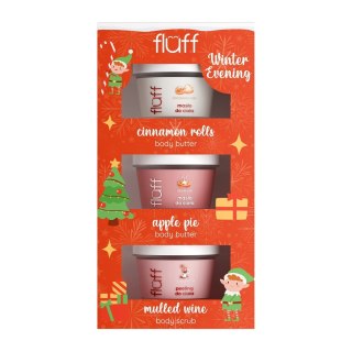 Fluff Winter Evening zestaw peeling do ciała Grzane Wino 100ml + masło do ciała Szarlotka 100ml + masło do ciała Bułeczki Cynamonowe 1