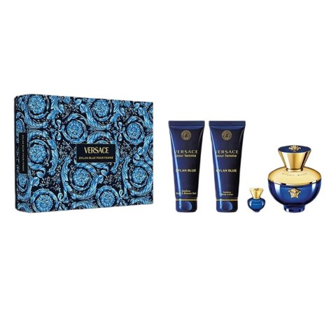 Versace Dylan Blue Pour Femme zestaw woda perfumowana spray 100ml + żel pod prysznic 100ml + balsam do ciała 100ml + miniatura wody perf Versace Dylan Blue Pour Femme zestaw woda perfumowana spray 100ml + żel pod prysznic 100ml + balsam do ciała 100ml + miniatura wody perf