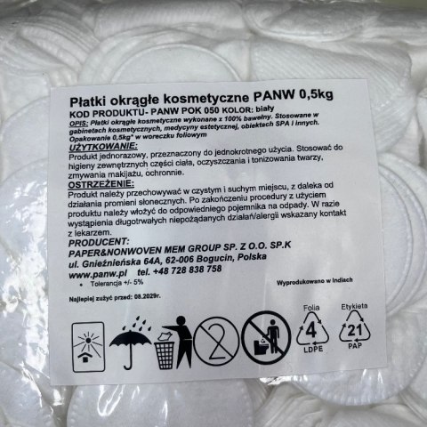 PANW Płatki Kosmetyczne Bawełniane Okrągłe 500g PANW Płatki Kosmetyczne Bawełniane Okrągłe 500g