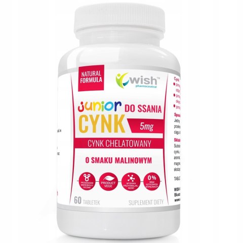 WISH Pharmaceutical Junior Cynk 5mg suplement diety o smaku malinowym 60 tabletek do ssania WISH Pharmaceutical Junior Cynk 5mg suplement diety o smaku malinowym 60 tabletek do ssania