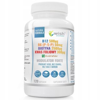 WISH Pharmaceutical Modulator Homocysteiny Forte B12 + B6 (P-5-P) + Biotyna + Kwas Foliowy suplement diety 120 kapsułek Wegan