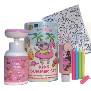HiSkin Kids Summer Pink zestaw płyn do kąpieli 75ml + pianka do mycia 300ml + kredki 5szt + kolorowanka
