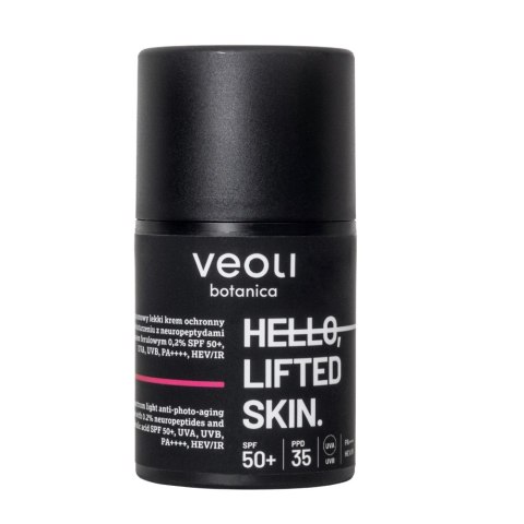 Veoli Botanica Hello Lifted Skin szerokopasmowy lekki krem ochronny przeciw fotostarzeniu z neuropeptydami 0.2% i kwasem ferulowym 0.2% SPF50+ 