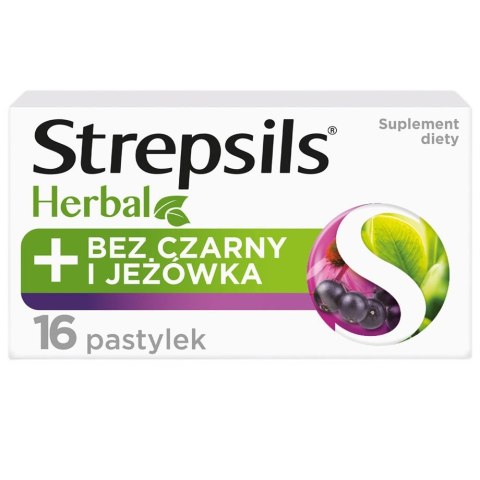 Strepsils Herbal pastylki do ssania łagodzące podrażnione gardło i struny głosowe suplement diety Bez Czarny i Jeżówka 16szt.