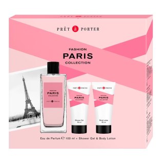Coty Pret A Porter Paris zestaw woda perfumowana spray 100ml + balsam do ciała 50ml + żel pod prysznic 50ml