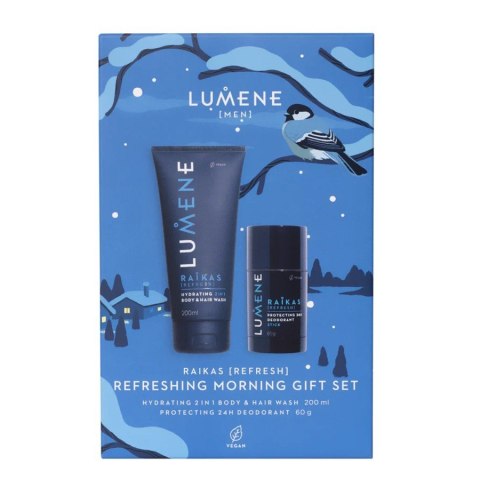 Lumene Men Raikas Refreshing Morning zestaw Hydrating 2in1 Body & Hair Wash żel pod prysznic 200ml + Protecting 24H Deodorant Stick dez