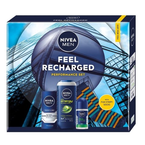 Nivea Men Feel Recharged zestaw nawilżający krem do twarzy 75ml + żel pod prysznic 3w1 250ml + antyperspirant roll-on 50ml