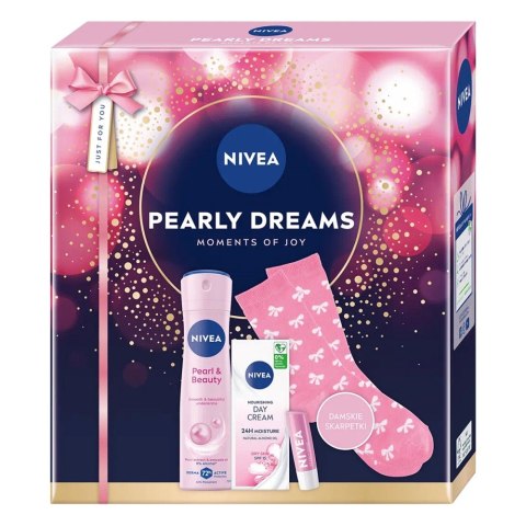 Nivea Pearly Dreams zestaw antyperspirant w sprayu 150ml + odżywczy krem na dzień SPF15 50ml + pielęgnująca pomadka do ust 4.8g + skar