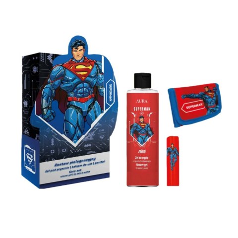Aura Superman zestaw żel pod prysznic 200ml + balsam do ust 3.8g + portfel