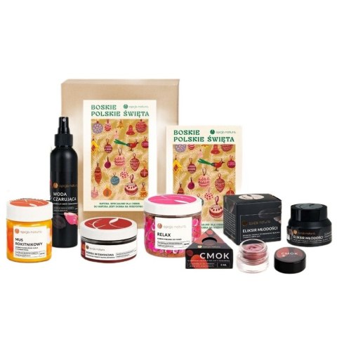 Opcja Natura Boskie Polskie Święta zestaw woda czarująca 100ml + słodki peeling do ciała 200ml + ochronne masło do ust z żurawiną 5ml + eliks