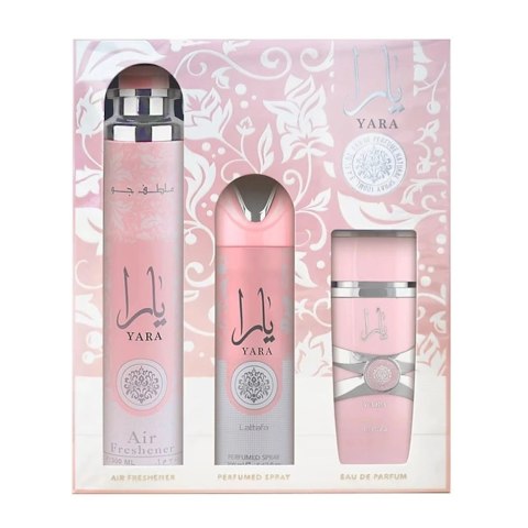 Lattafa Yara zestaw woda perfumowana spray 100ml + dezodorant spray 200ml + odświeżacz powietrza 300ml