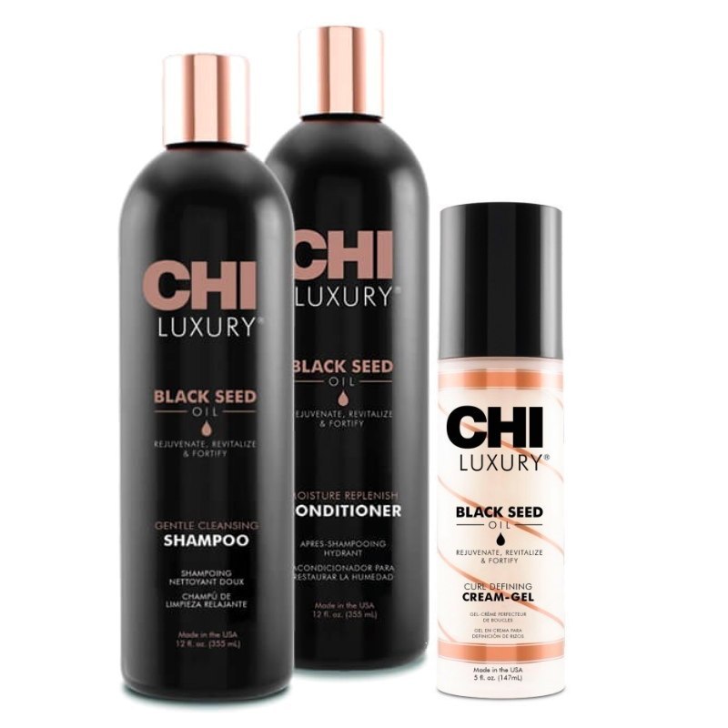 Chi Luxury Black Seed Oil szampon, odżywka, krem do loków zestaw duży