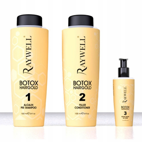 Raywell Botox Hair Gold, botox, kuracja, botoks do włosów zniszczonych Zestaw 2x1000ml + 150ml