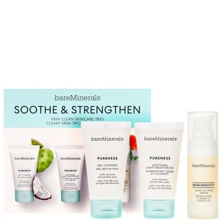 Soothe & Strengthen Mini Clean Skincare Trio zestaw żel do mycia twarzy 30ml + lekki krem nawilżający 30g + ziołowe serum do twa BareMinerals