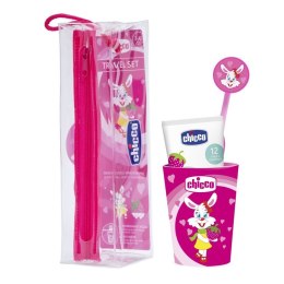 Chicco Travel Set zestaw podróżny do mycia zębów pasta + szczoteczka + kubek + etui 3-6l Różowy