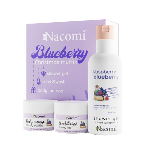 Nacomi Blueberry Christmas Muffin zestaw żel pod prysznic 300ml + mus do ciała 50ml + pianka peelingująco-myjąca 50ml